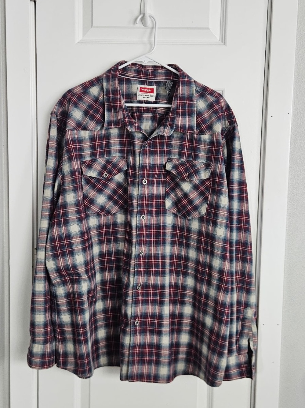 Wrangler Men’s 3XL Red Blue Plaid Flannel Shirt Stretch Western Button Up